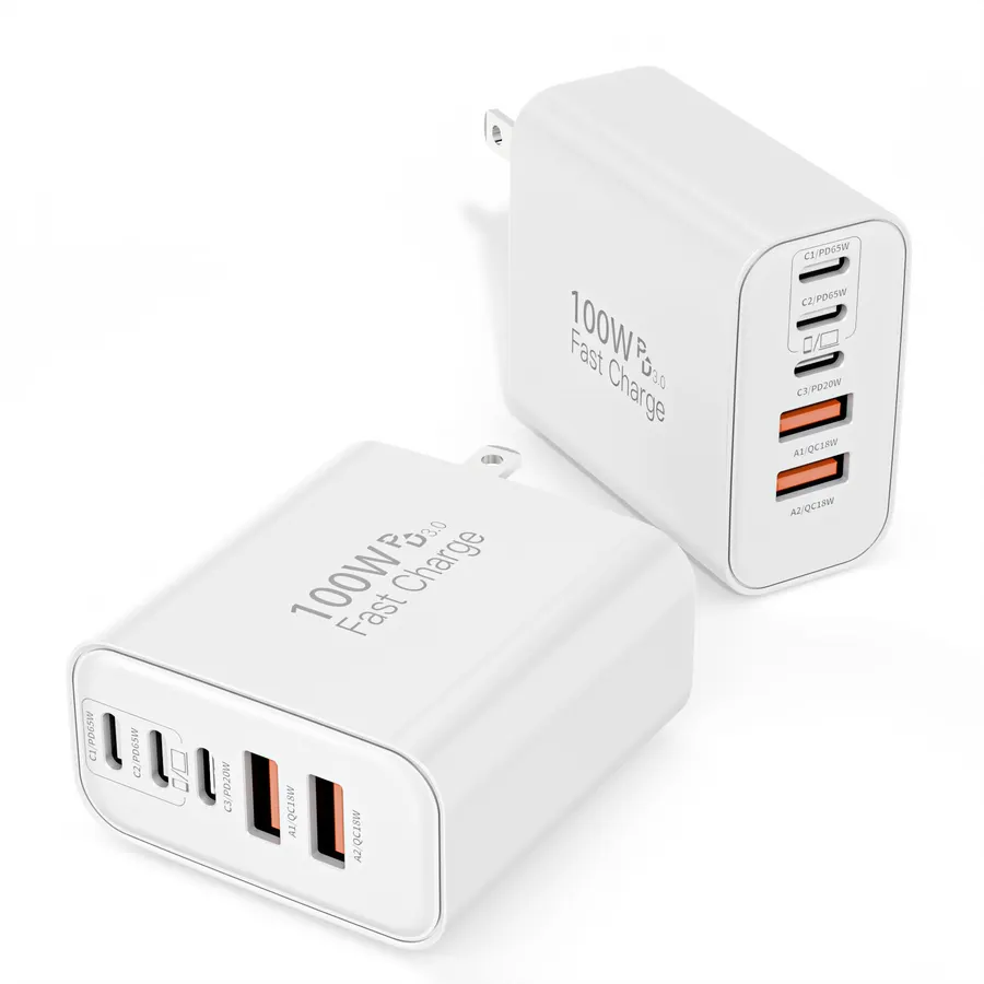 100W USB C Charger Block, 2Pack 5-Port GaN Wall Charger Fast Charging Plug, Multiple PD Power Adapter+QC Plug, USB C Box Cube Compatible with iPhone 17 Air 16 15 14 13 Pro Max Plus,Samsung,MacBook/Air