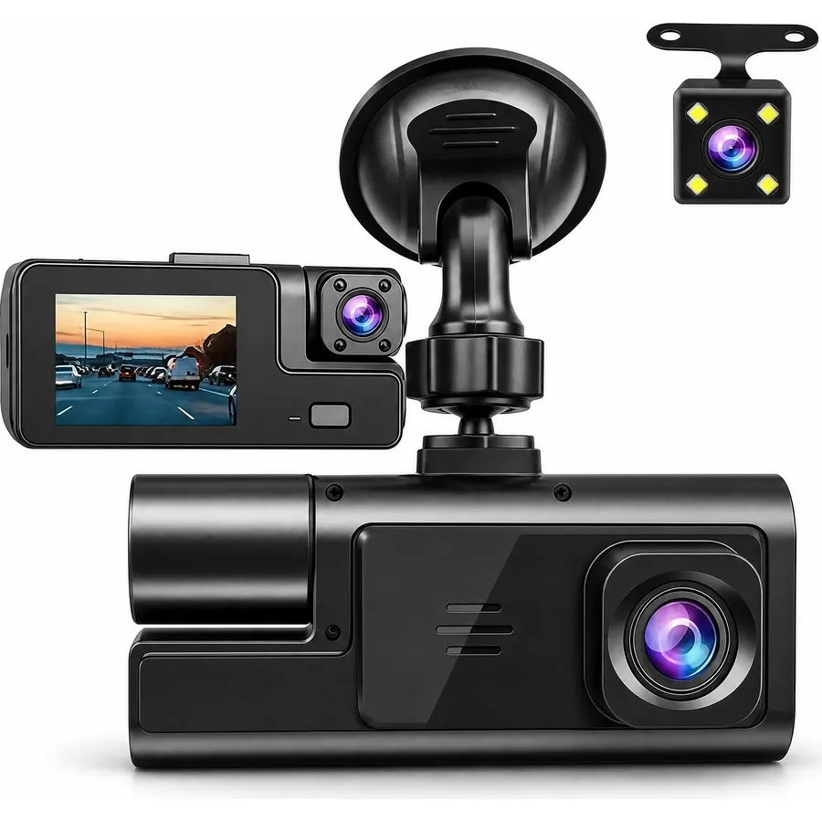 1080P 3 Channel Dash Cam, Wi-Fi DashCam, 1080P Front and Rear Inside, 2’’ Display Mini Car Camera, HDR Night Vision, Loop Recording, G-Sensor, 24H Parking Mode, 170°Wide Angle (Black)