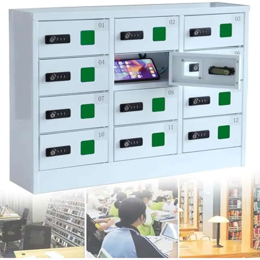 12 Slot Cellphone Charging Station with 3 in 1 Charging Cable, Secure Locker Cabinet with Combination & Key Lock for Office, Classroom, and Airports