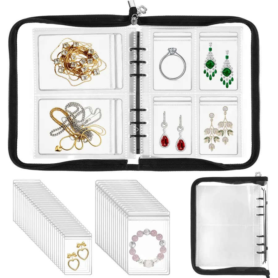 120 Grids +75 Thicken PVC Zipper Bags Jewelry Storage Book Set Transparent Travel Jewelry Organizer with Anti-oxidation Pocket Traveling Necklace Earring Organizer for Ring, Bracelets, Postcard