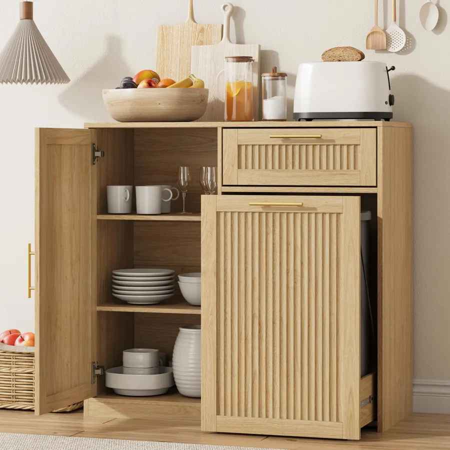 13 Gallons Pull Out Trash Can Cabinet with Storage, Natural Oak