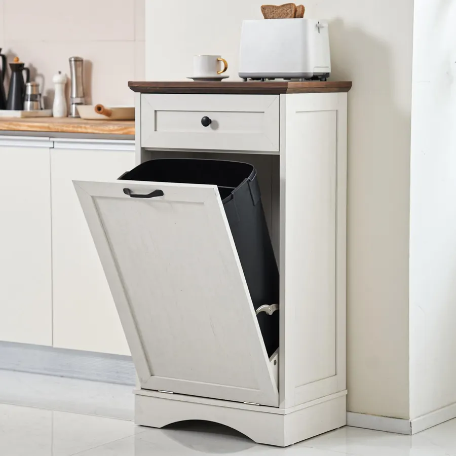 13 Gallons Tilt Out Trash Can Cabinet Freestanding Antique White