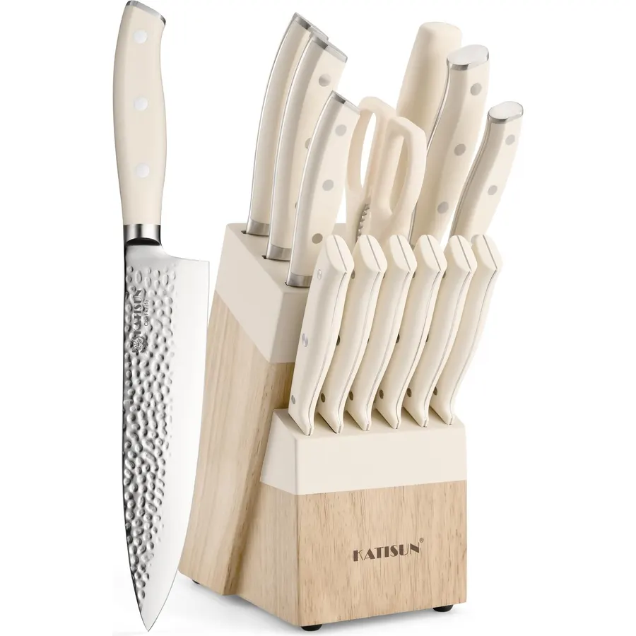 Knife Set, Kitchen Knife Set with Block, 7 Pcs Kitchen Knife Set with 3-in-1 Peeler, Knife Block Set Compact Stainless Steel Knives with Wood Grain Finish Handles, Space Saving Kitchen Essentials