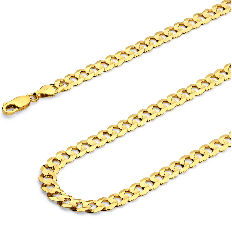 14k REAL Yellow/Two Tone Gold Bevelled Hollow 11mm, 9mm, 6.5mm, 5mm, 4.5mm, 3.5mm, 2.5mm, 2mm Cuban Curb Chain Necklace/Bracelet with Lobster Claw Clasp