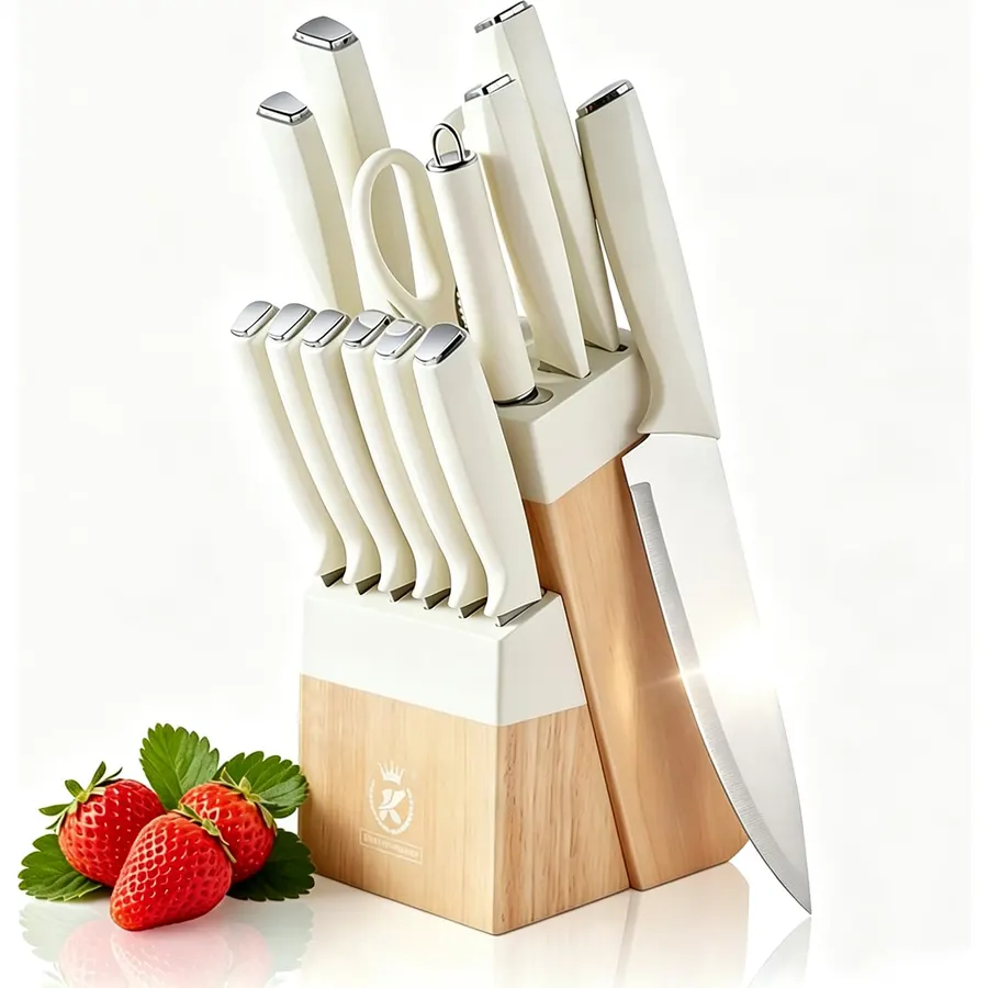 14Pcs Aesthetic White Kitchen Knife Set with Wooden Block,Elegant Gift