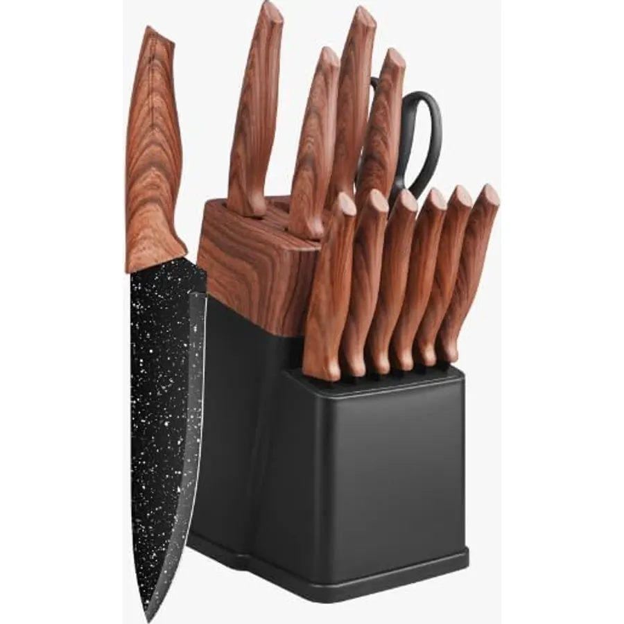 304 Stainless Steel 15-piece Knife Set with Wooden Handles and Serrated Blades, Ideal for Home Kitchens
