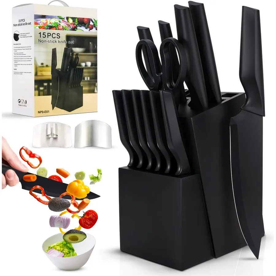 15-Piece Kitchen Knife Set with Finger Guard – Ultra-Sharp Professional Knives, Ergonomic Anti-Slip Handles, 6 Steak Knives, Dishwasher Safe, Modern Black Design – Precision & Safety in One Combo