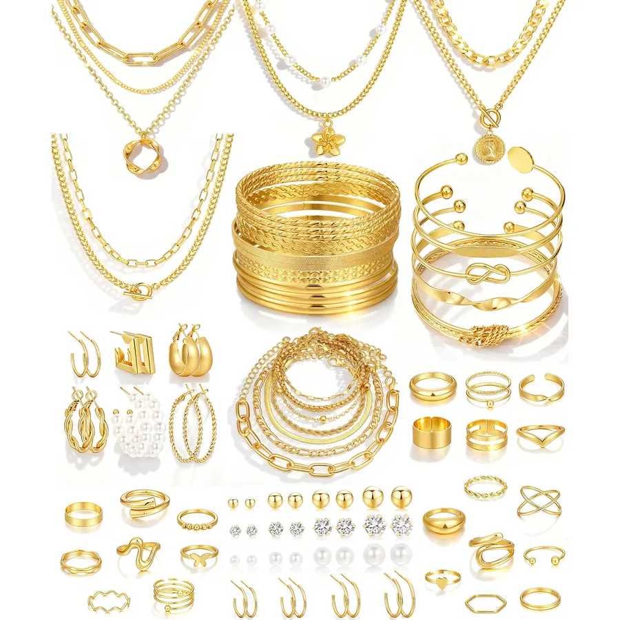 17 MILE 78 Pieces Gold Jewelry Set for Women, 9 Necklace, 24 Bangle Bracelet, 22 Earrings, 23 Knuckle Rings Gold Plated Jewerly set for Women Gift