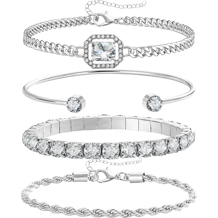 17IF 4 Pcs Dainty Gold Silver Bracelets Set for Women, 14K Plated Link