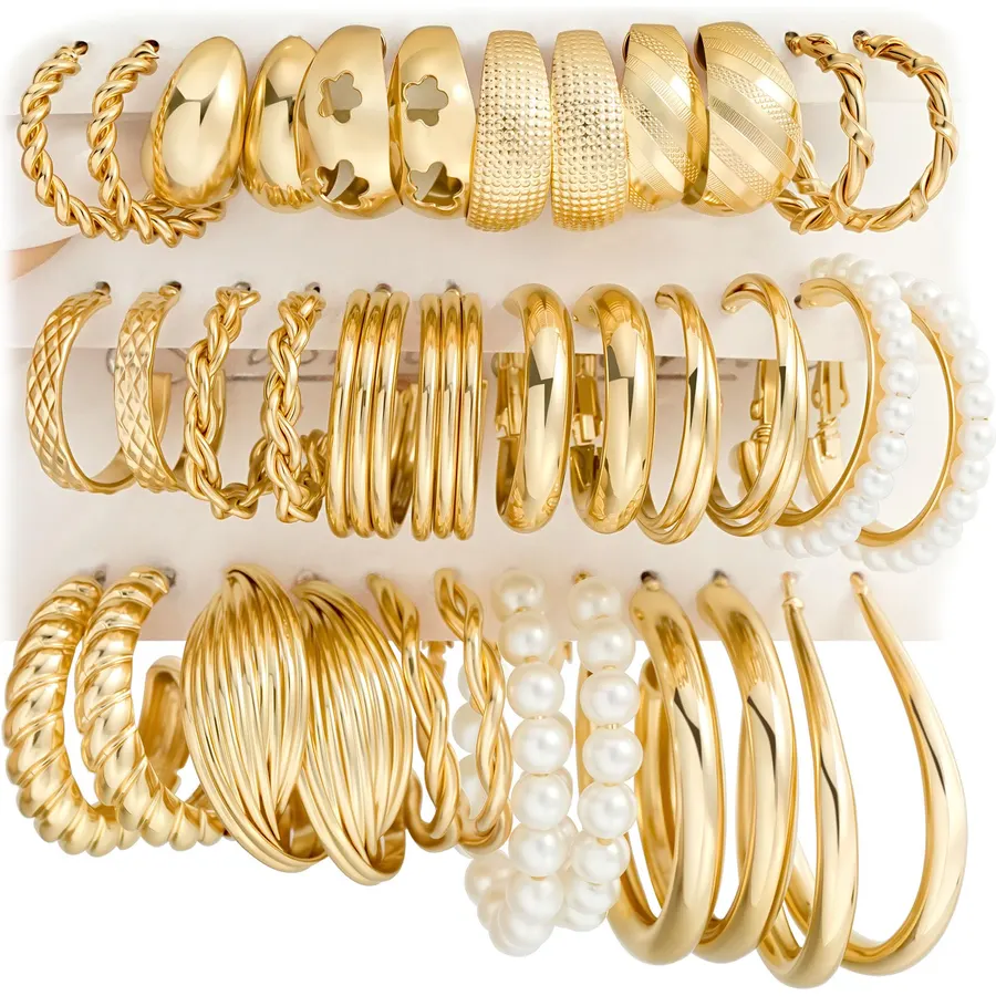 18 Pairs Gold Hoop Earrings for Women, Chunky Statement Hoops Set