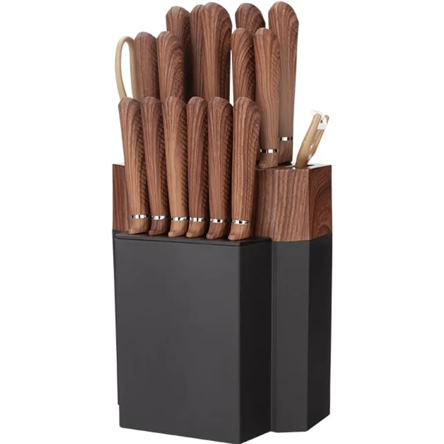 18-piece kitchen knife set, including a chef's knife with a wood-grain handle, 6 steak knives, a peeler, and scissors—a complete set of kitchen utensils that comes with a storage case