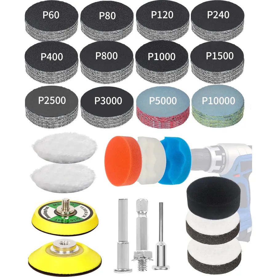 194 PCS 2 Inch Wet Dry Sanding Discs, Drill Polishing Kit with 60 to 10000 Grit Hook and Loop Sandpaper Assortment for Dremel, Headlight Restoration Kit with Buffing Pads for Auto Wood Metal Resin
