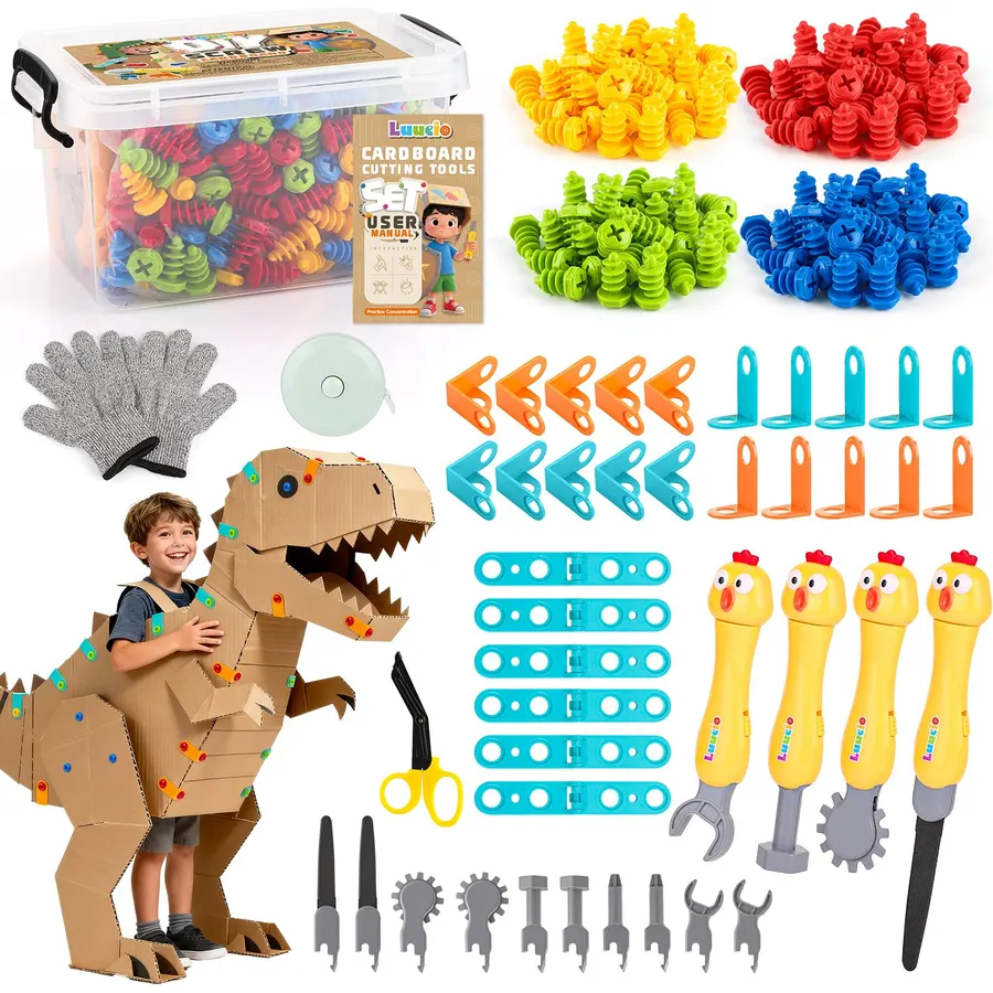 196 PCS Cardboard Cutter for Kids, Reusable Safe Cardboard Tools for Kids with Box, Gloves, Screws, Connectors, Screwdrivers, Saws, Educational Toys for 5 6 7 8 Year Old, Birthday Gift for Boys Girls