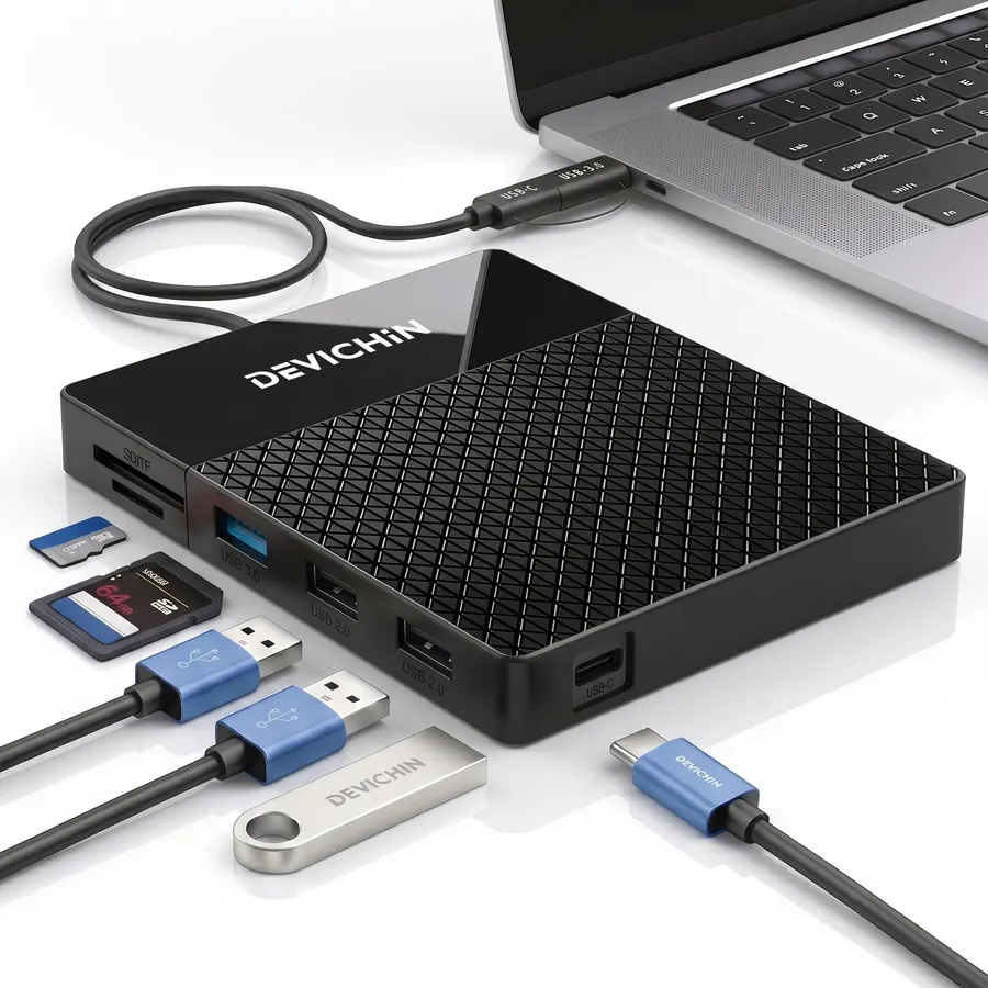 1TB External Hard Drive, USB C & USB 3.0 Multiport Hub+ SD/TF Card Reader 7-in-1 All in One, Docking Station, Multi-Function HDD for Windows, Mac, Android, iPhone 15/16/17, Laptop, Desktop