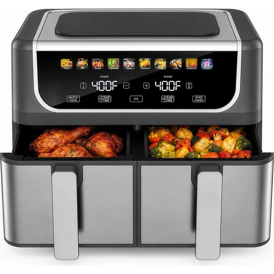2 Baskets Air Fryer 9.5 QT, 10 in 1 Dual Air Fryers with Ceramic Crisper Plate, 80-450°F Wide Temp, Smart Cooking Mode with Match & Sync Cook, Shake Reminder, Roast, Defrost, Bake, Black