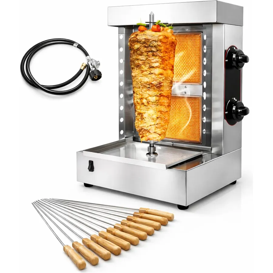 2-Burner Commercial Shawarma Grill Machine | Vertical Rotisserie Kebab & Gyro Cooker for Shawarma, Doner, Tacos Al Pastor | Heavy-Duty Stainless Steel | 10 Skewers Included