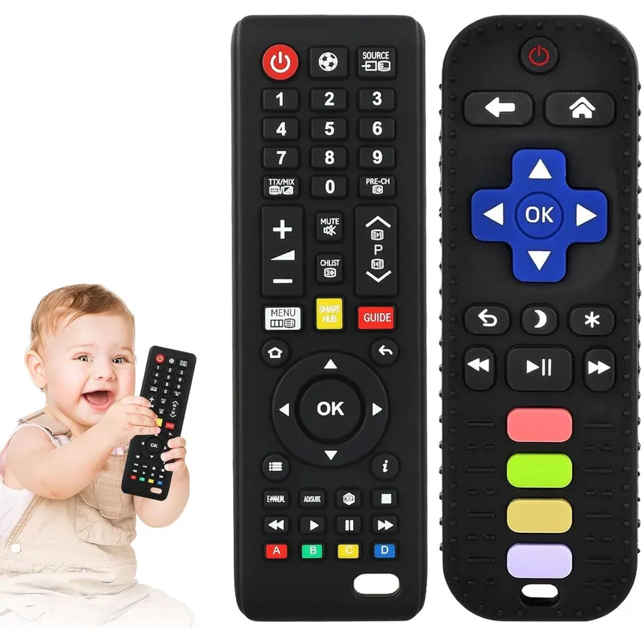 2 Pack Baby Teether Toy TV Remote Control Shape Teething Toys for Babies 3-24 Months, Chew Toys for Infants Teething Relief, Freezer BPA Free, Black