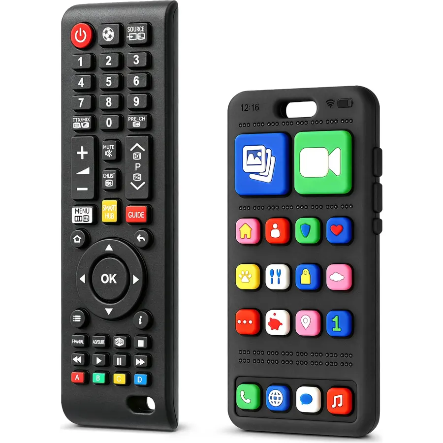 2 Pack Phone & Remote Baby Teething Toys 3-12 Months, Silicone Baby Teether