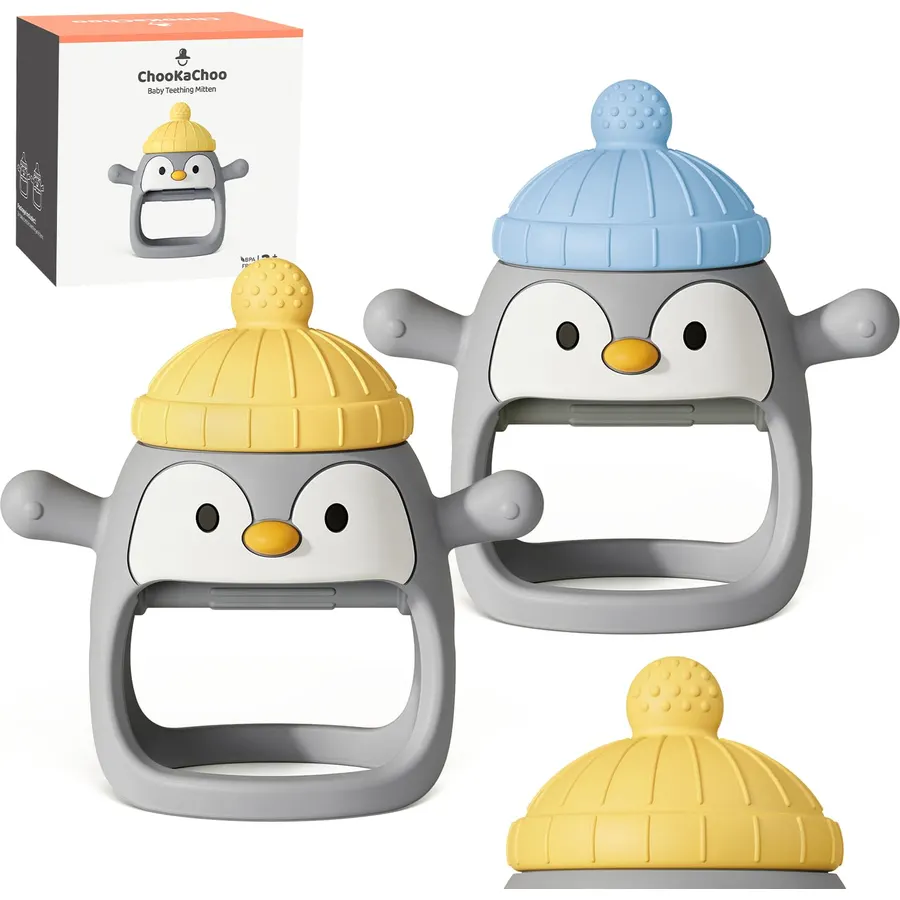 2 Packs Baby Teething Toy Silicone Teething Mitten for Babies Over 3 Months Anti Dropping Wrist Hand Teethers Baby Chew Toys for Sucking Needs, BPA Free (Penguin)