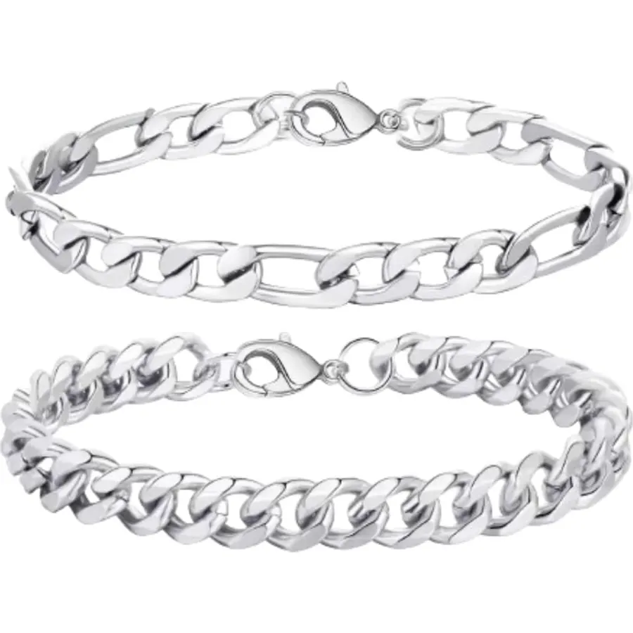 2 Pcs Chain Bracelet 925 Sterling Silver Bracelet for Men 7-9inch Figaro Rope Cuban Link Bracelet Set for Men Husband