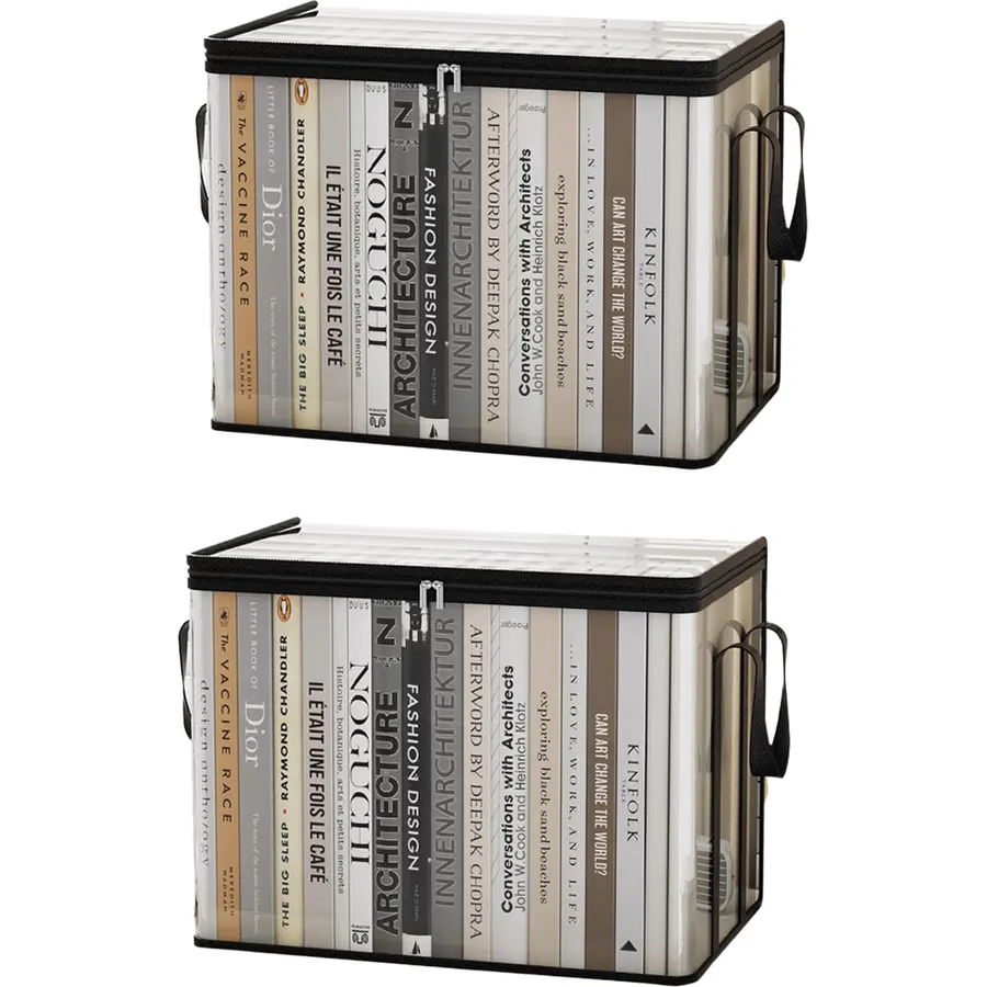 2 pcs Transparent PVC Book Storage Box, Foldable with Handle, Large Capacity Student or Office Book Organizer