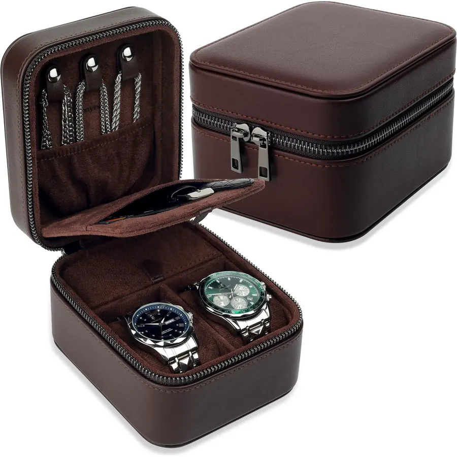 2-Slot Small Travel Watch Case for Men, Watch & Jewelry Organizer