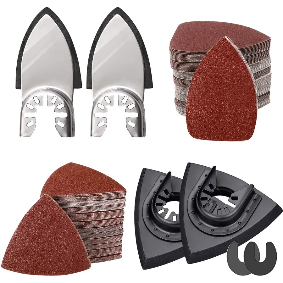 206 pc Oscillating Tool Pad Kit, Triangle Pads, Finger Pads, C-Clip Adapters, 200 pc Multitool Sanding Paper for Wood & Plaster