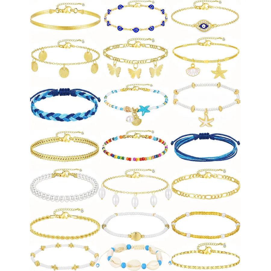 21PCS Gold Anklet Set for Women, Adjustable Layered Ankle Jewelry