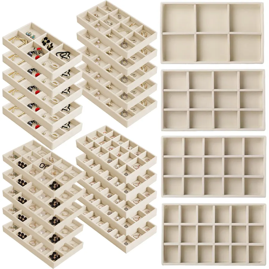 24 Pack Velvet Jewelry Trays Stackable Jewelry Organizer Trays Drawer Inserts Divided Storage Containers for Rings Earrings Jewelry Display (Beige)