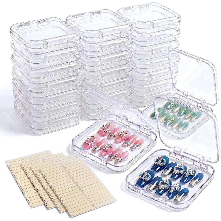 24 Pcs Press on Nail Storage Box with 120 Pcs Double Sided Adhesive Tapes, Nail Packaging Boxes Fake Nail Display Case Crystal Clear Nail Storage Box with Gift Box for Nail Art Business Nail Salon