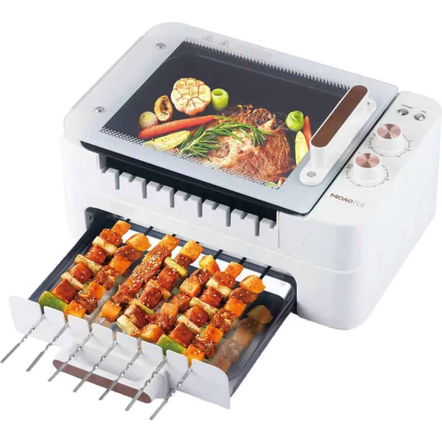 3-IN-1 Skewer Electric Indoor Grill - 1000W Electric Grill with 360° Auto-Rotating, Smokeless Indoor Grill with 3 Cooking Modes, Temperature Adjustable, Removable Tempered Glass Lid