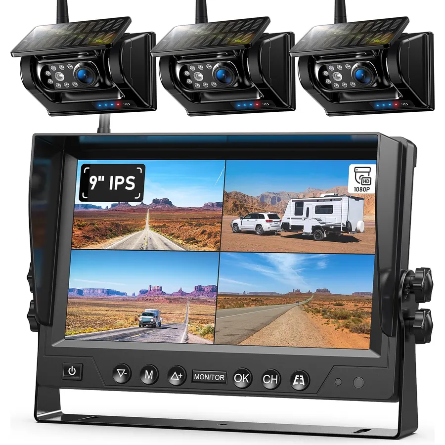 3 Magnetic Solar Wireless Backup Camera System, Quad RV Rearview Backup Cameras Wireless System with HD1080P 9 Inch DVR Monitor for Trailer RV Trucks, Built-in 9600mAh Solar Battery, ZEROXCLUB BL903