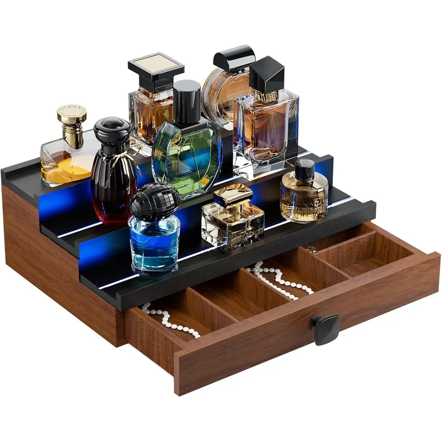 3 Tier Wooden Perfumes Stand with LED Light, Perfume Cologne Organizer for Men, Desktop Parfum Holder Wood Display Shelf with Cabinet, Bedroom Makeup Lotion Jewelry Storage Rack with Drawer
