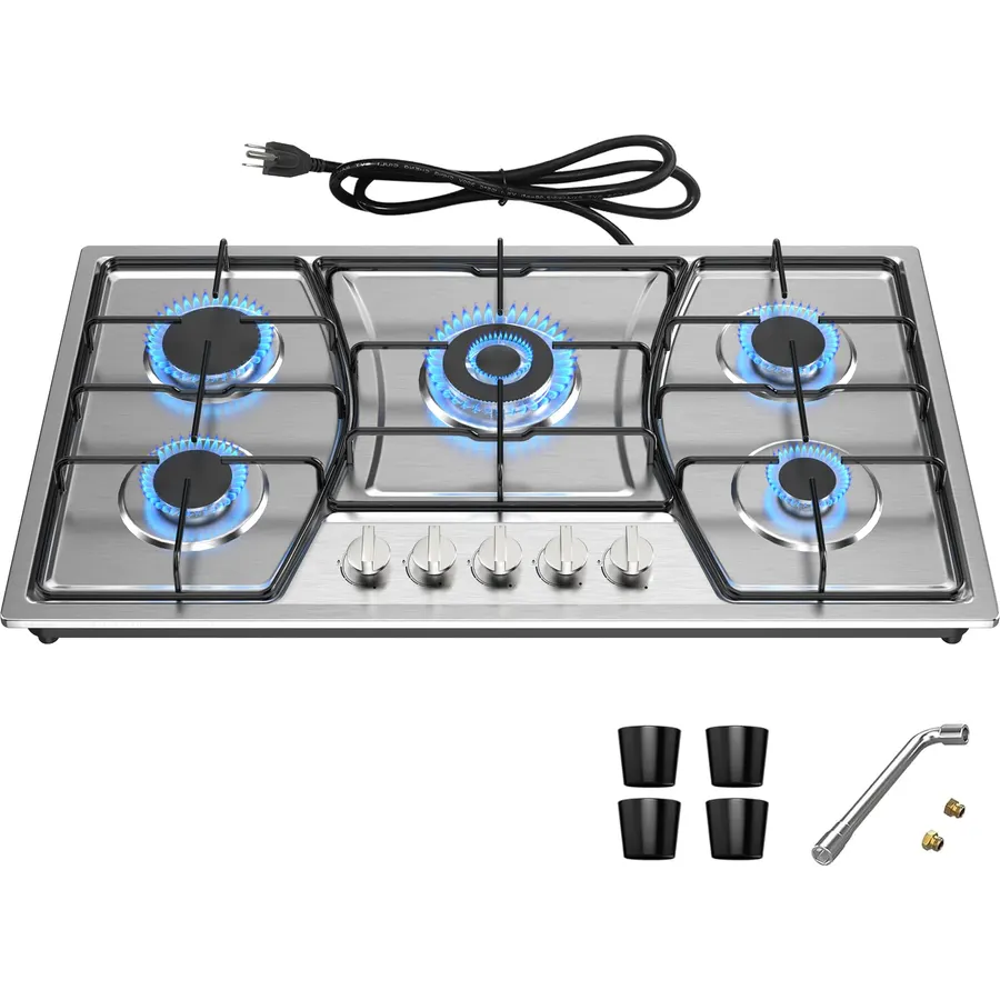 36 inch Gas Cooktop, Gas Stove Top with 5 High Efficiency Burners, Built-in Stainless Steel Propane Cooktop with Thermocouple Protection, NG/LPG Two Conversion