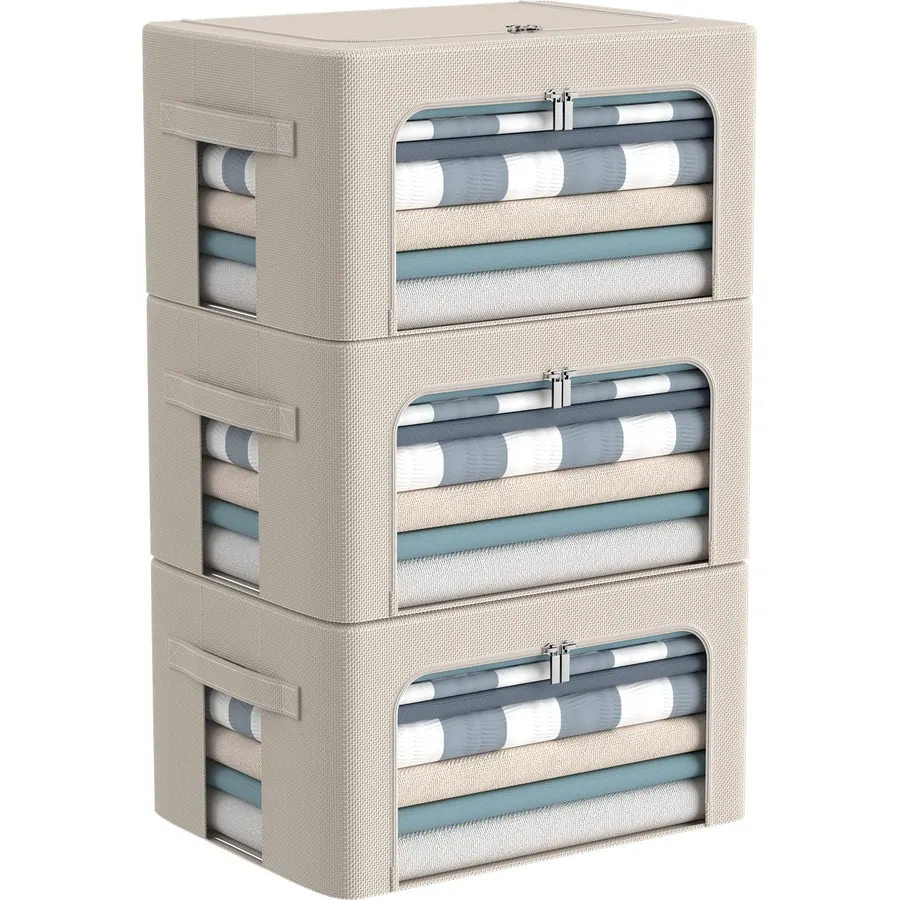 3Pack Frame Storage Box - Clothes Storage Bin Bags Oxford Fabric Foldable Stackable Container Organizer Set with Clear Window & Carry Handles Large Capacity (Beige, Small-22L)