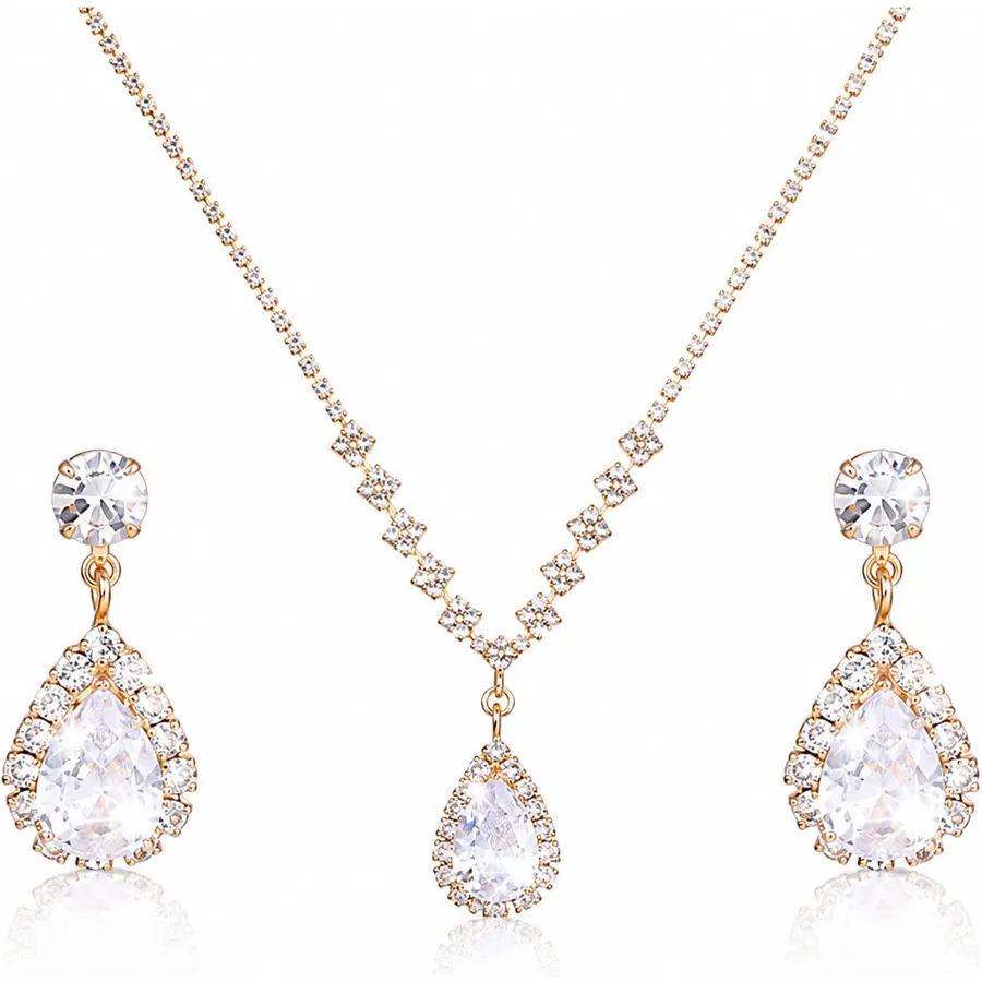 3PCS Bride Gold Crystal Necklace Earrings Set, Rhinestone Necklace