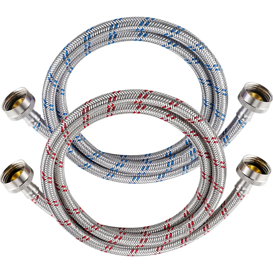4 Ft Washing Machine Hoses, 2 Packs Premium Stainless Steel Washer Hoses Burst Proof, Hot and Cold Striped Water Supply Hoses with 3/4'' Standard Interface fit for ALL Washer