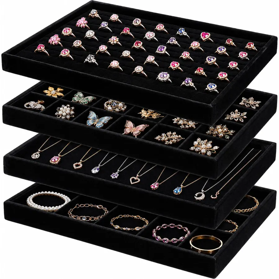 4 Pack Jewelry Tray, Stackable Velvet Jewelry Organizer Tray Jewelry-Tray Stackable Jewelry-Trays 3.8"x9.5"x1.2" Divided Ring Organizer-Tray for Necklace Earring Ring Watch Bracelet,Black
