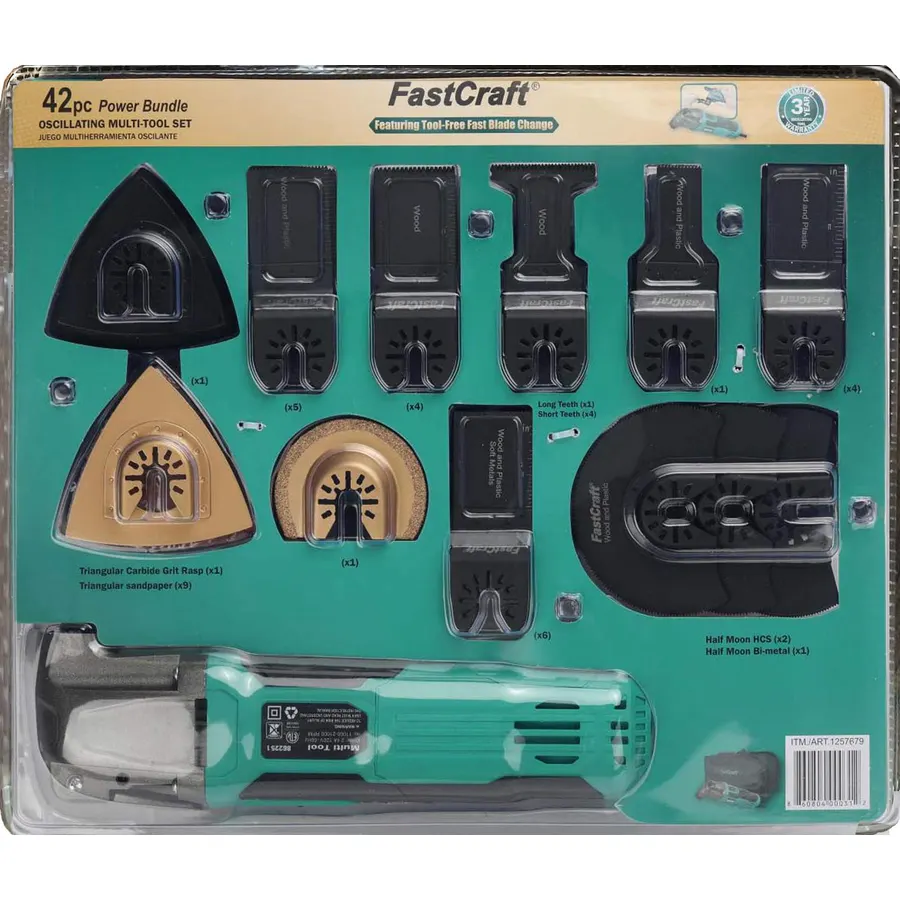 42pc Oscillating Tool Set PRO Multi Tool Model 86225-1 (5.0A Peak Power Rated 2.4A/Keyless/6 Speeds) + 40pc Saw Blades + Tote [Retail Pack] FastCraft Brand at Costco