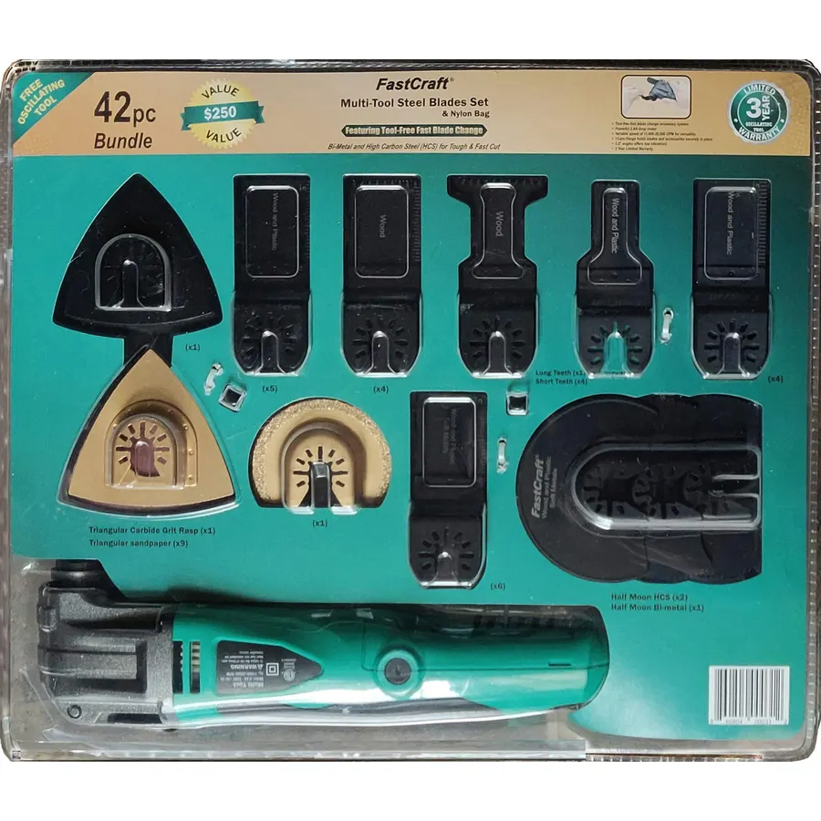 42pc Oscillating Tool Set GUARANTEED POWER Multi Tool 6 Speed w 40pc Assortment of PRO Blades Grout Rasp Sanding Pack + Nylon Carrying Tote Clamshell Packaging Great Holiday Gift - Clamshell Packaging