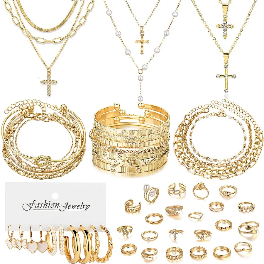 49pcs Gold Plated Jewelry Sets include Multi Layered Necklaces Bracelets and Earrings Set Crosses Pearls Choker Necklace Designs for Women Party Friendship Gift​​s