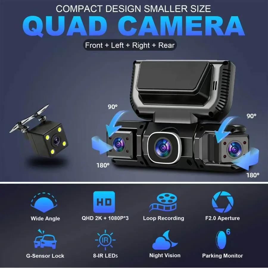 4CH 360° Dash Cam, 2K Front + 1080P Rear & Side Quad Recording, 8-LED IR Night Vision, 5GHz WiFi App Control, G-Sensor Emergency Lock, 24H Parking Monitor, 64GB Card Included