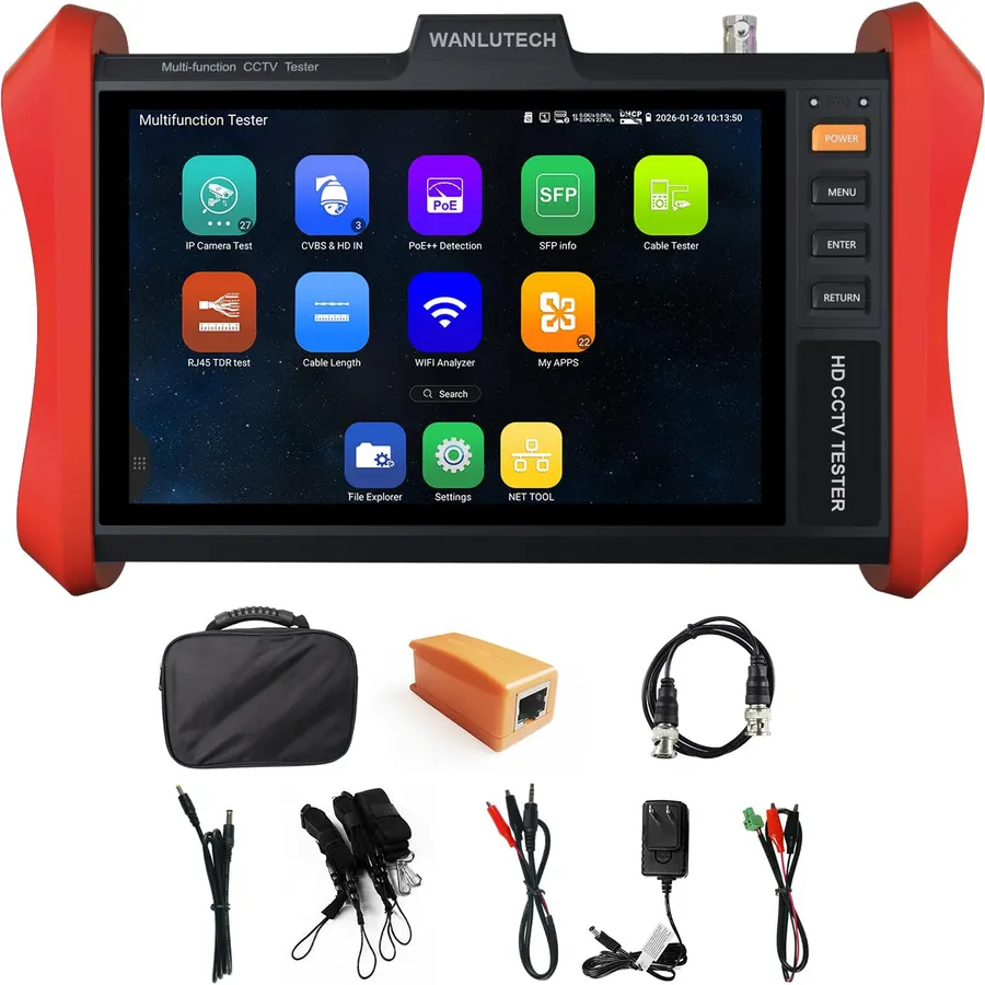 4K 12MP IP Camera Tester, WANLUTECH IPC Tester AHD CVI TVI Camera Test 90W PoE Power Output 8'' Touchscreen SFP Optical Fiber Module Port RJ45 Cable TDR Test HDMI VGA Input WiFi Network Tools (E89)
