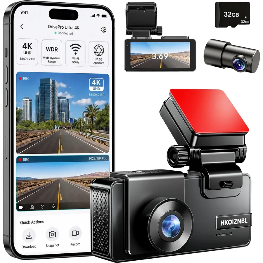 4K+2.5K Dashcam Front and Rear,5GHz WiFi 20MB/s, 4K Dash cam with 32GB Card