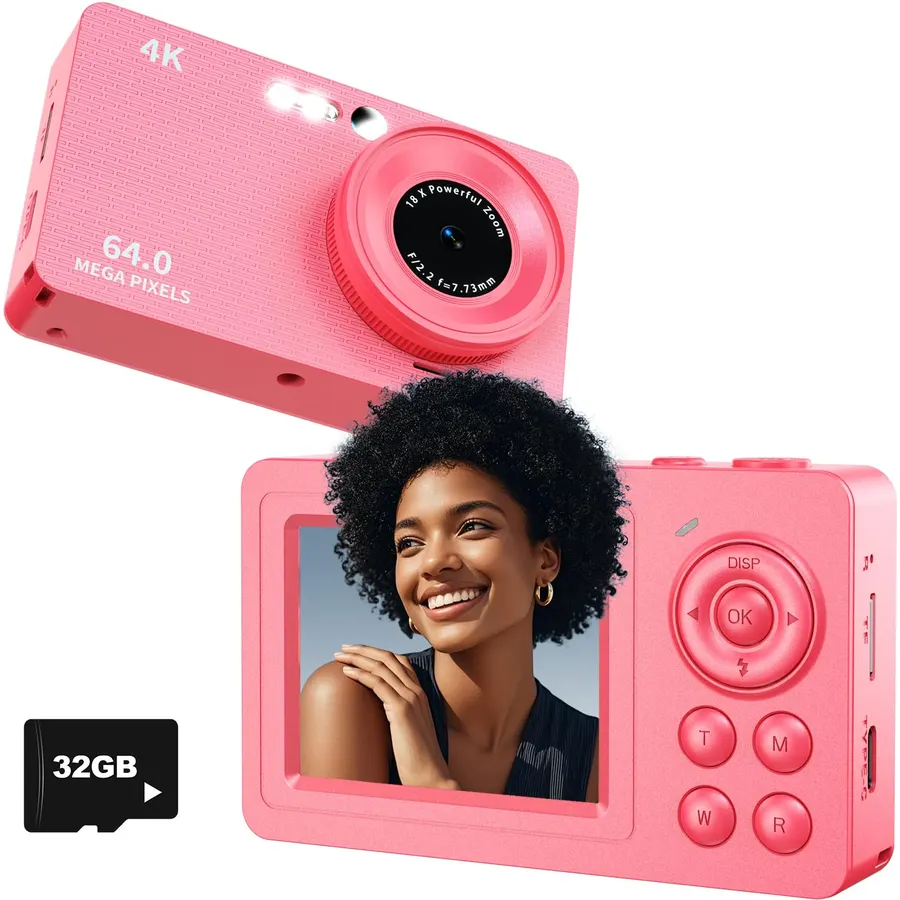 4K 64MP Compact Travel Digital Camera for Teens Adult Beginner, Barbie Pink