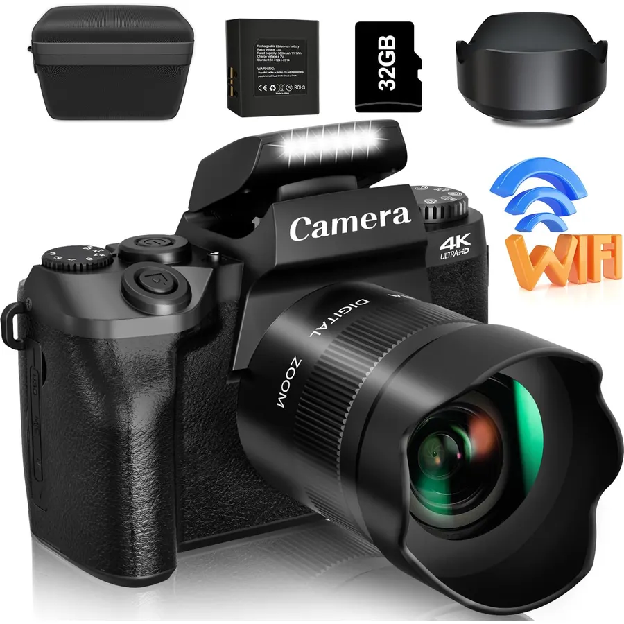 4K Digital Camera for Photography with 64GB Card, 64MP Autofocus Vlogging Cameras for YouTube, 2.88" 180° Flip Screen, 16X Zoom Compact Camera for Beginners with Dual Lens, 2 Batteries, White
