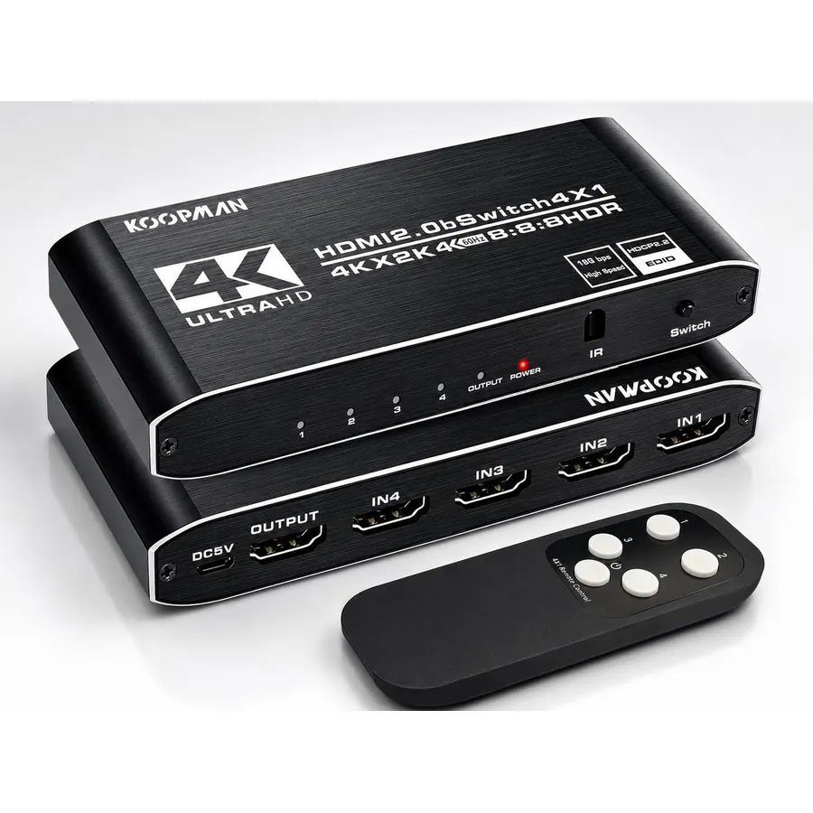 4k HDR HDMI Switch, Koopman 4 Ports HDMI 2.0 Switcher Selector with IR Remote Control, Supports HDCP 2.2 4K@60Hz UltraHD HDR10 3D HD1080P Dolby DST, HDMI Splitter for PS4 Xbox Apple TV Fire Stick