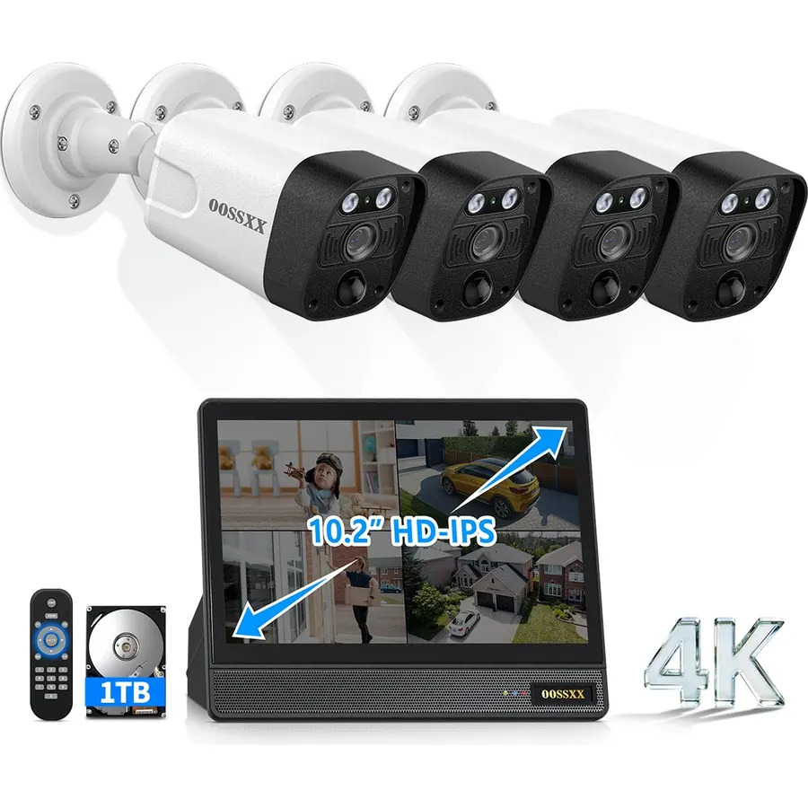 4K PoE Camera Security System Outdoor, 8CH NVR with 10.2" IPS Monitor