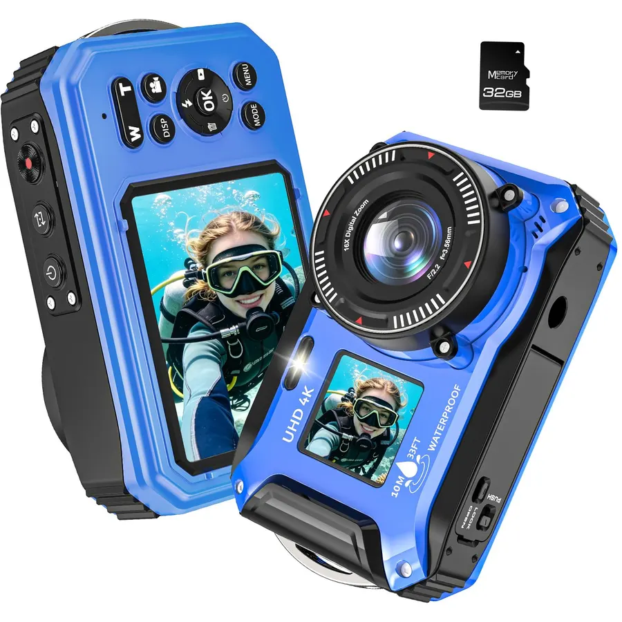 4K Underwater Camera 64MP 33FT Waterproof Camera with 32GB Card