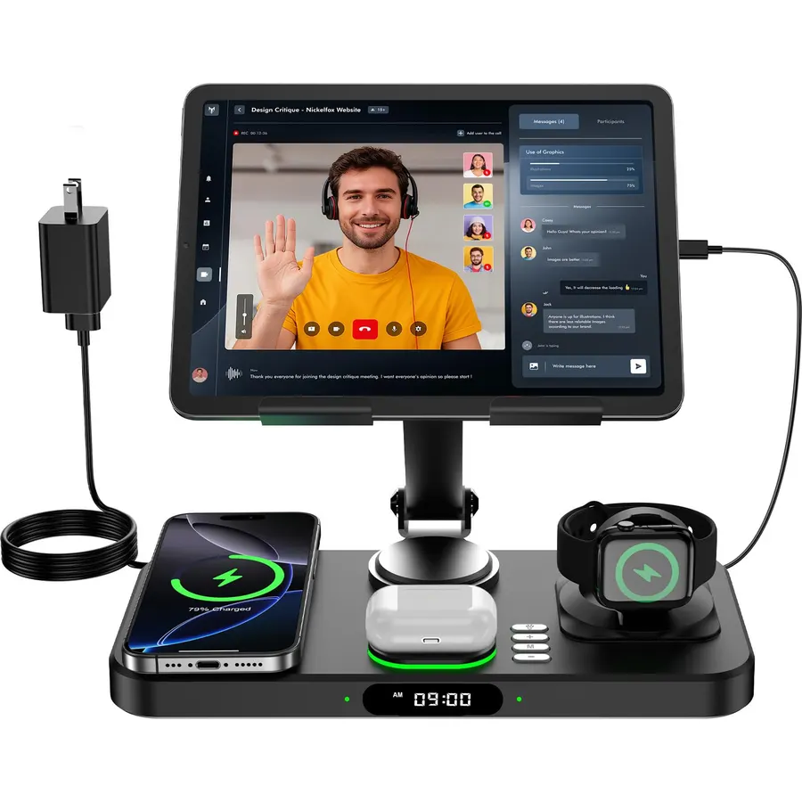 6 in 1 Wireless Charger for Apple Multiple Devices, Charging Station with Clock &7 Color Ambient Light, Foldable Rotate Stand for iPad, for iPhone18/17/16/15, Support for Apple Watch12/11 For AirPods5